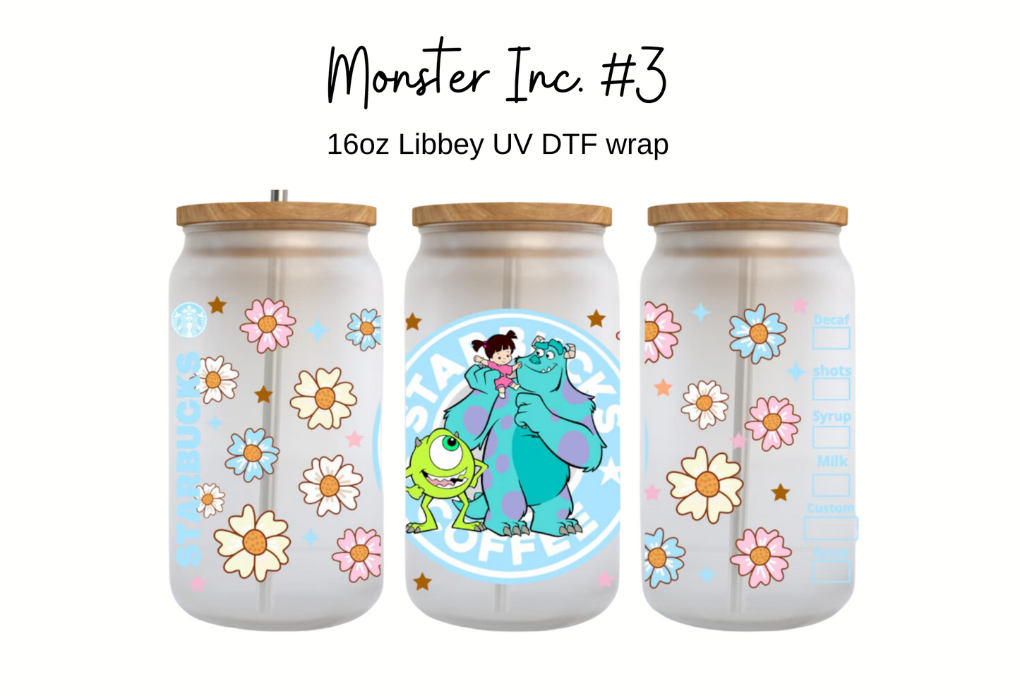 Monster Inc. #3 Cup Wrap [UV DTF - 16oz Libbey Glass Can] | Ready to Apply | Physical Product