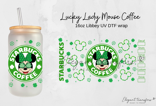 Lucky Lady Mouse Coffee Wrap [UV DTF - 16oz Glass Can] | Ready to Apply | Physical Product | Transfer |