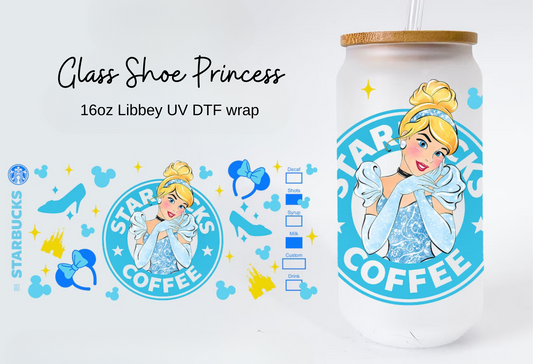 Glass Shoe Princess Cup Wrap [UV DTF - 16oz Libbey Glass Can] | Ready to Apply | Physical Product | Transfer