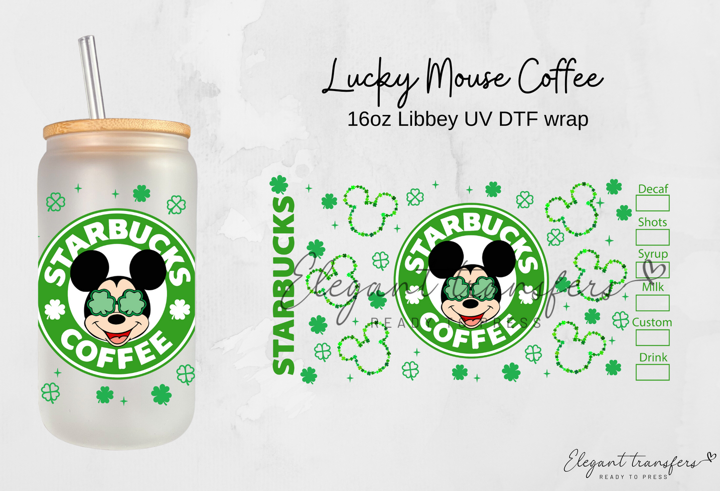 Lucky Mouse Coffee Wrap [UV DTF - 16oz Glass Can] | Ready to Apply | Physical Product | Transfer |