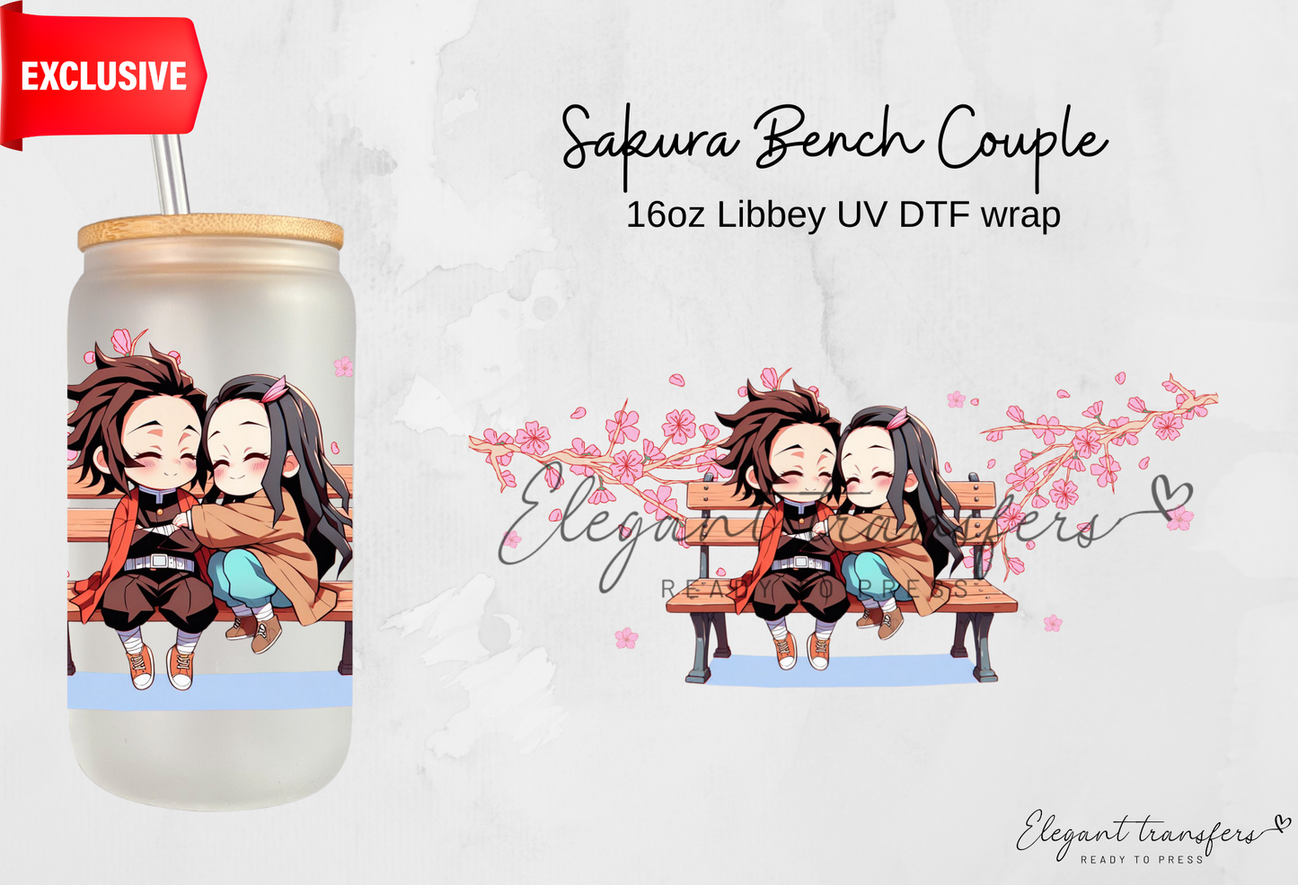 Sakura Bench Couple wrap [EXCLUSIVE UV DTF - 16oz Libbey Glass Can] | Ready to Apply | Physical Product