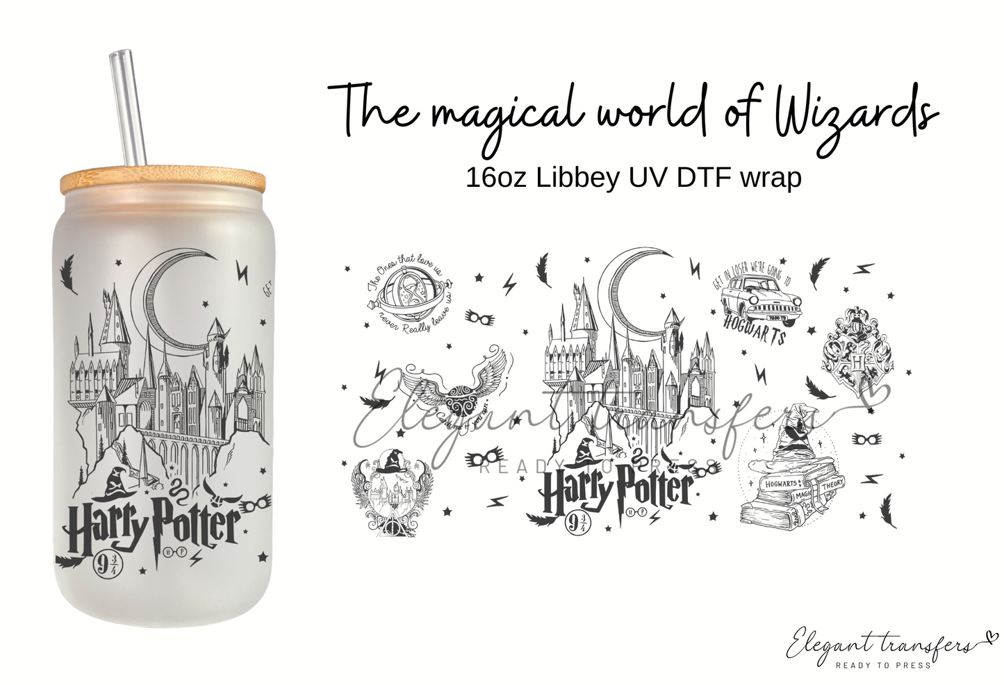 The magical world of Wizards Cup Wrap [UV DTF - 16oz Libbey Glass Can]