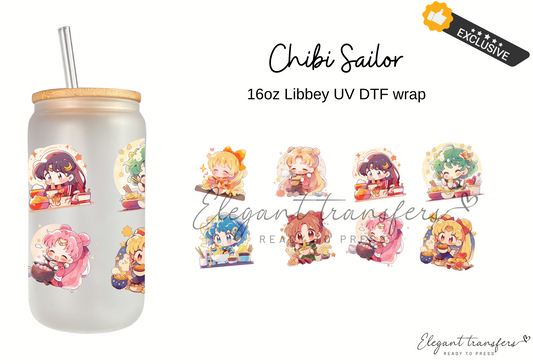 Chibi Sailor Guardians Cup Wrap [EXCLUSIVE UV DTF - 16oz Libbey Glass Can] | Ready to Apply | Physical Product | Transfer