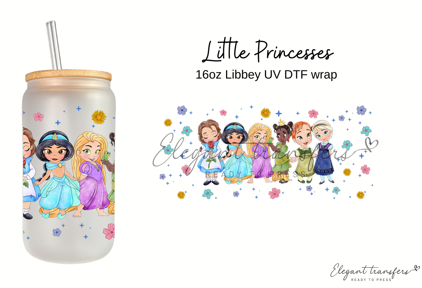 Little Princesses Cup Wrap [UV DTF - 16oz Libbey Glass Can] | Ready to Apply | Physical Product