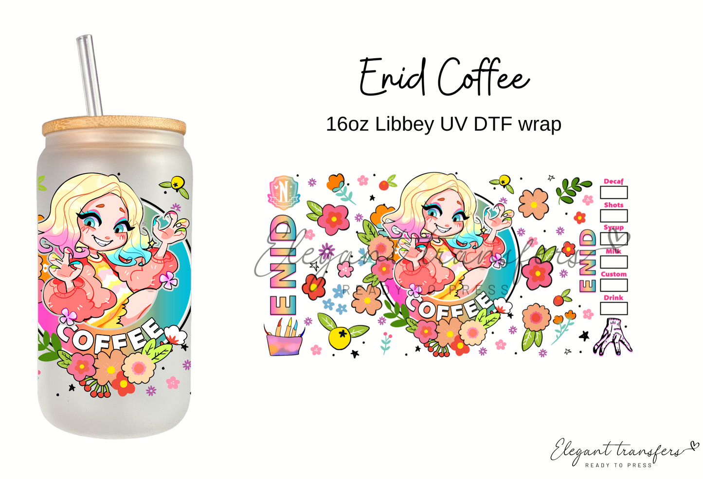 Enid Coffee Cup Wrap [UV DTF - 16oz Libbey Glass Can] | Ready to Apply | Physical Product | Transfer