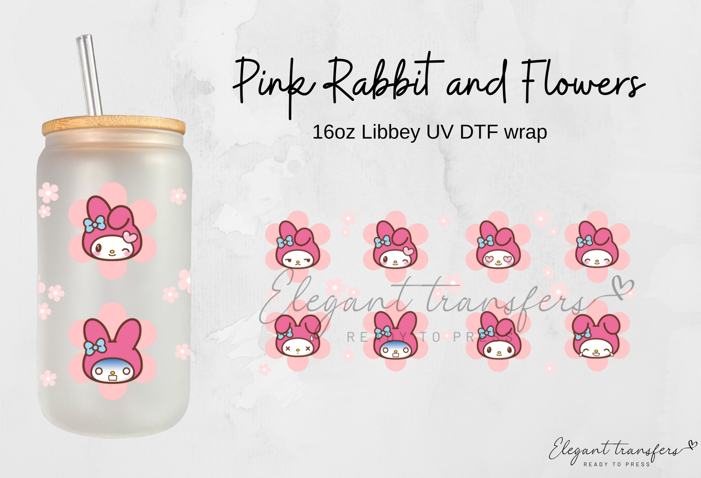 Pink Rabbit and Flowers Wrap [UV DTF - 16oz Libbey Glass Can] | Ready to Apply | Physical Item