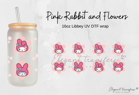 Pink Rabbit and Flowers Wrap [UV DTF - 16oz Libbey Glass Can] | Ready to Apply | Physical Item