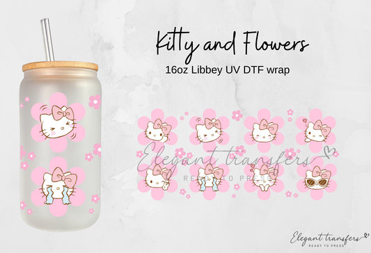 Kitty & Flowers Wrap [UV DTF - 16oz Libbey Glass Can] | Ready to Apply | Physical Product