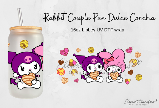 Rabbit Couple Pan Dulce Concha Wrap [UV DTF - 16oz Libbey Glass Can] | Ready to Apply | Physical Item