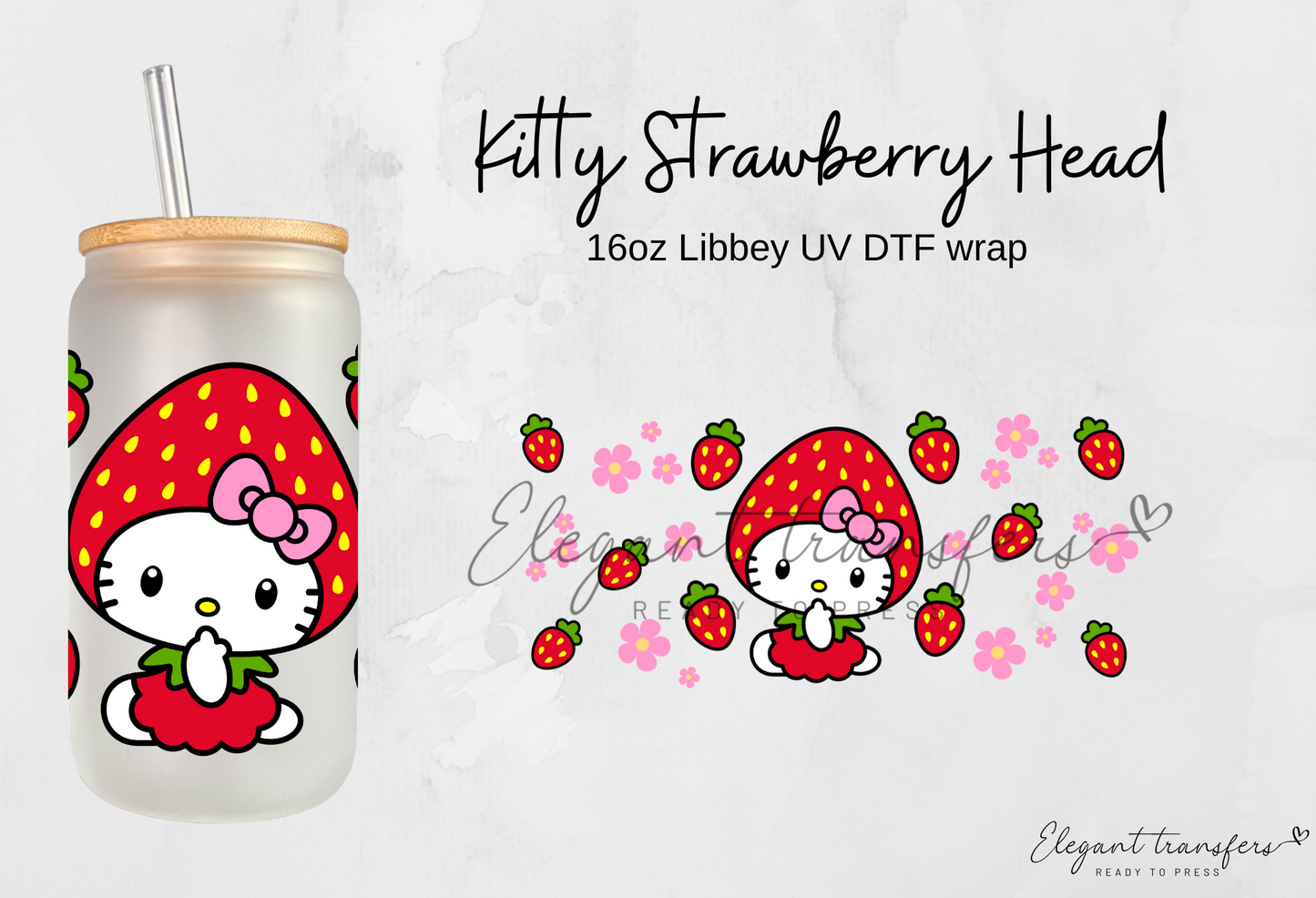Kitty Strawberry Head Wrap [UV DTF - 16oz Libbey Glass Can] | Ready to Apply | Physical Product