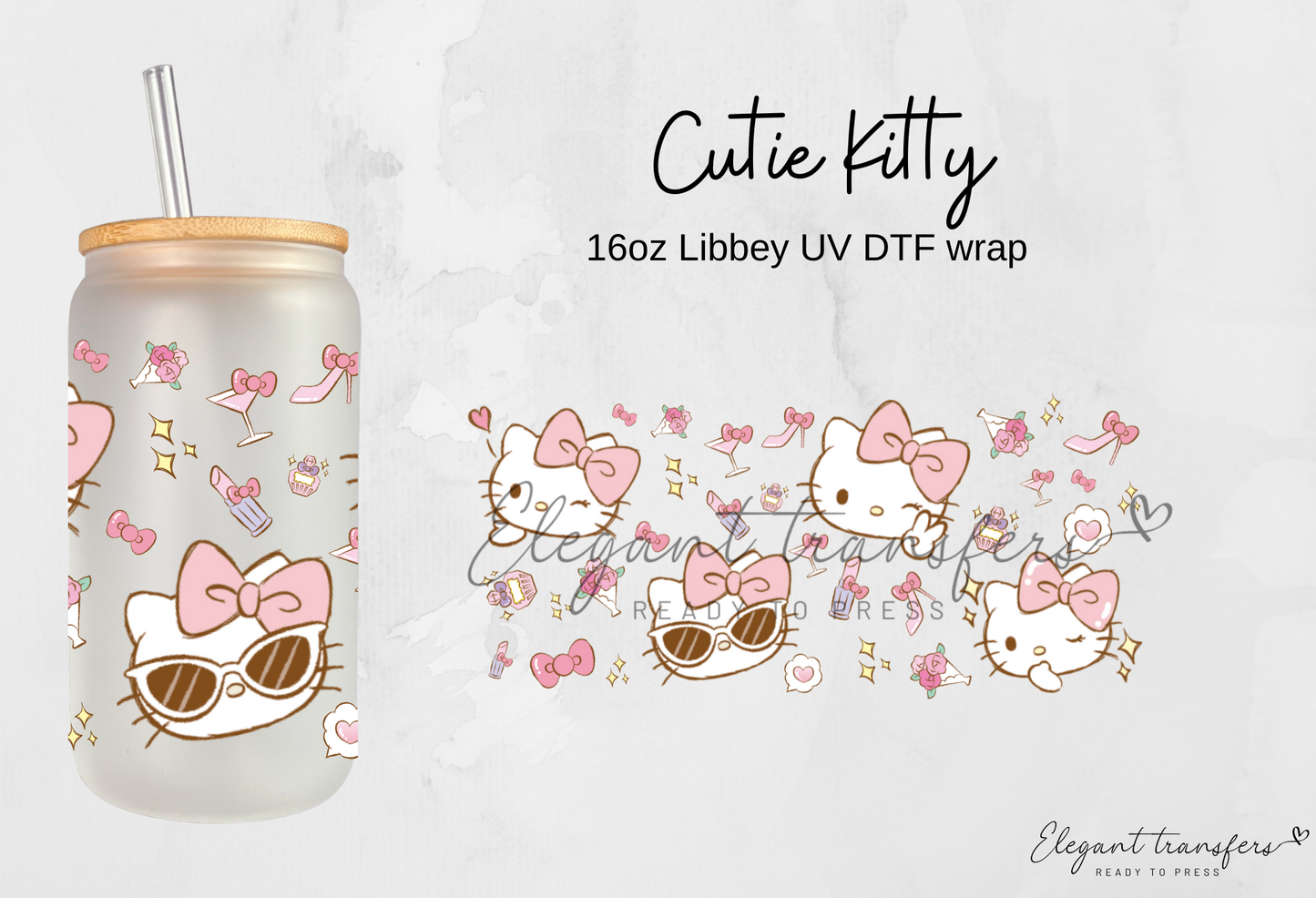 Cutie Kitty Cup Wrap [UV DTF - 16oz Libbey Glass Can] | Ready to Apply | Physical Product | Transfer