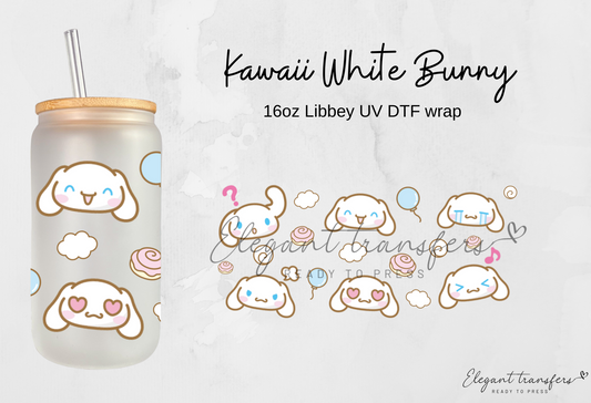 Kawaii White Bunny Cup Wrap [UV DTF - 16oz Libbey Glass Can] | Ready to Apply | Physical Product