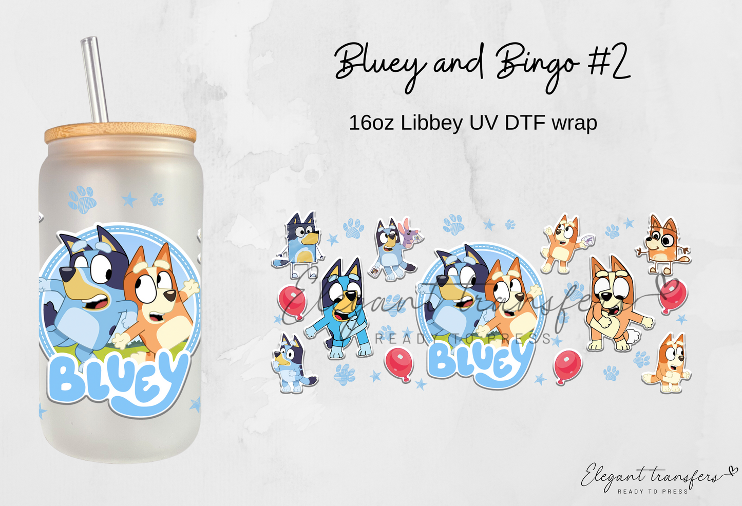 Bluey and Bingo #2 Cup Wrap [UV DTF - 16oz Libbey Glass Can] | Ready to Apply | Physical Product | Transfer