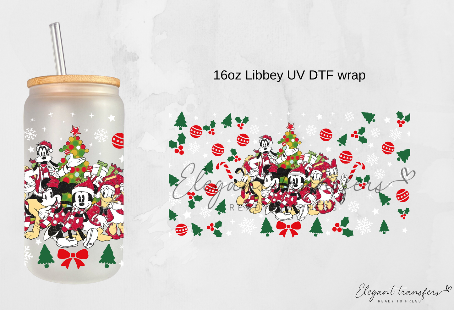 Mouse and Friends in Holidays Cup Wrap [UV DTF - 16oz Libbey Glass Can] | Ready to Apply | Physical Product