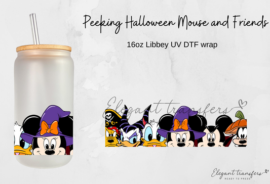 Peeking Halloween Mouse & Friends Wrap [UV DTF - 16oz Libbey Glass Can] | Ready to Apply | Physical Item