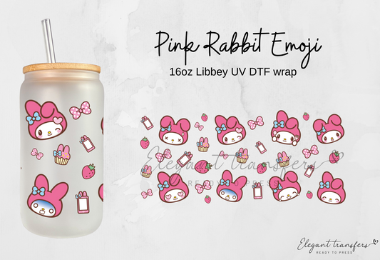 Pink Rabbit Emoji Wrap [UV DTF - 16oz Libbey Glass Can] | Ready to Apply | Physical Item