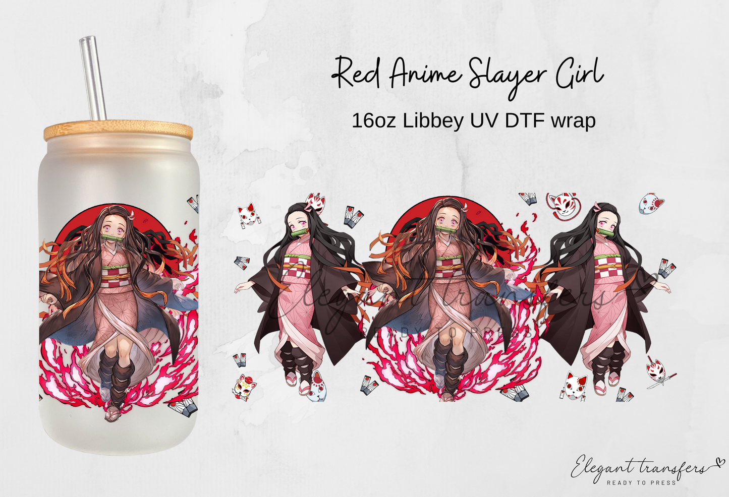 Red Anime Slayer Girl Wrap [UV DTF - 16oz Glass Can] | Ready to Apply | Physical Item