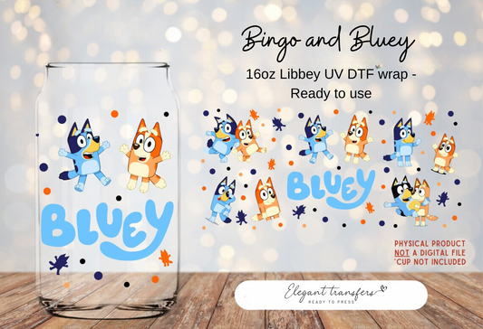 Bingo and Bluey Wrap [UV DTF - 16oz Libbey Glass Can] | Ready to Apply | Physical Product | Transfer