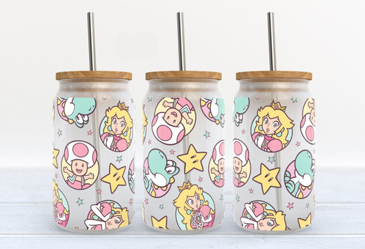 Princess Peach and co. Wrap [UV DTF - 16oz Libbey Glass Can] | Ready to Apply | Physical Item