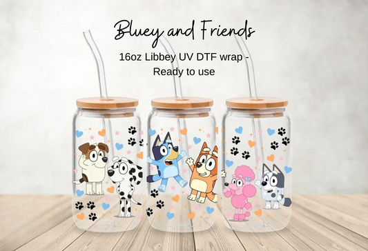 Bluey and Friends Wrap [UV DTF - 16oz Libbey Glass Can] | Ready to Apply | Physical Product | Transfer