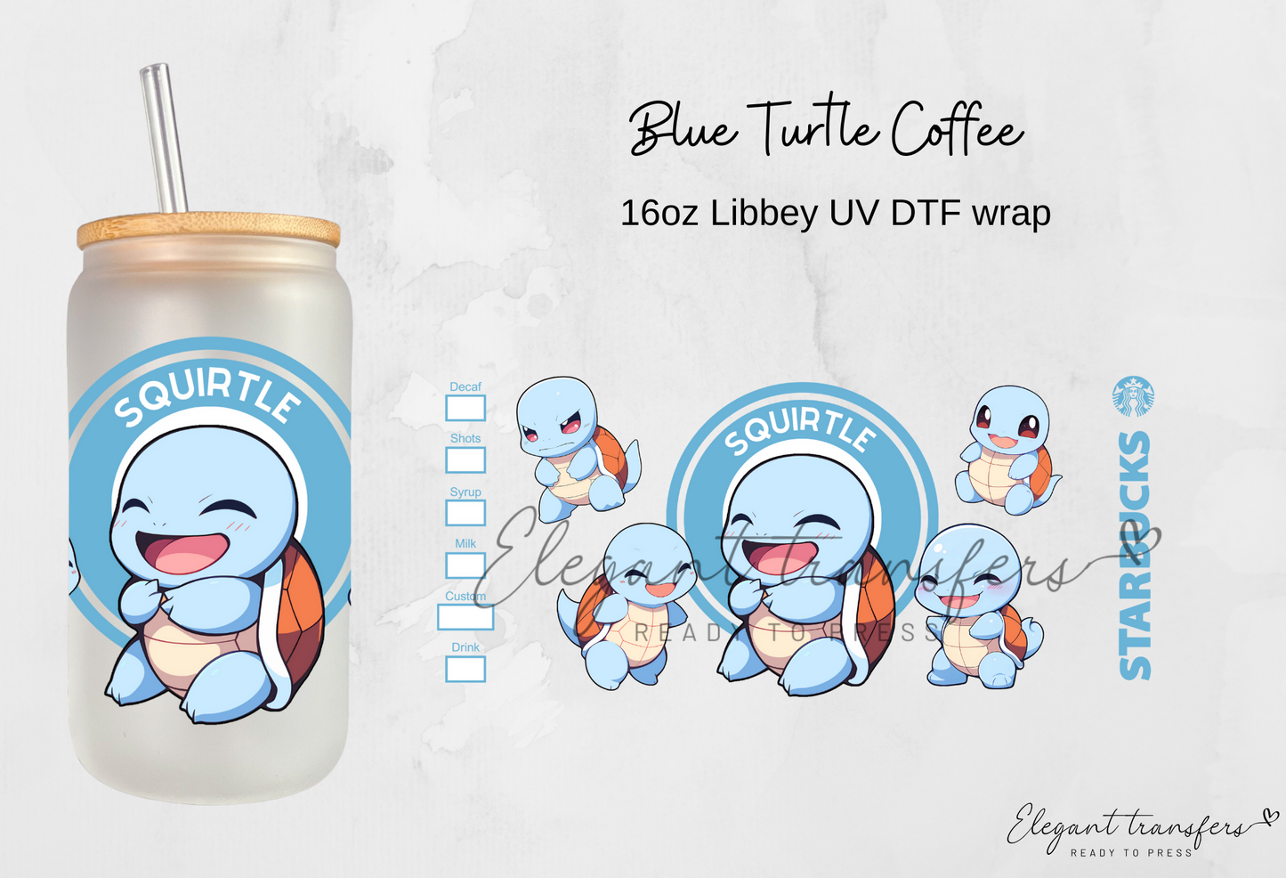 Blue Turtle Coffee Wrap [EXCLUSIVE UV DTF - 16oz Libbey Glass Can] | Ready to Apply | Physical Product