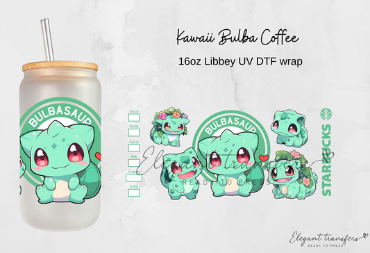 Kawaii Bulba Coffee Wrap [EXCLUSIVE UV DTF - 16oz Libbey Glass Can] | Ready to Apply | Physical Product