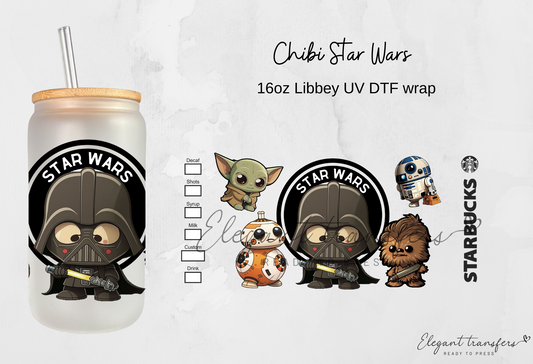 Chibi Star Wars Wrap [EXCLUSIVE UV DTF - 16oz Libbey Glass Can] | Ready to Apply | Physical Product
