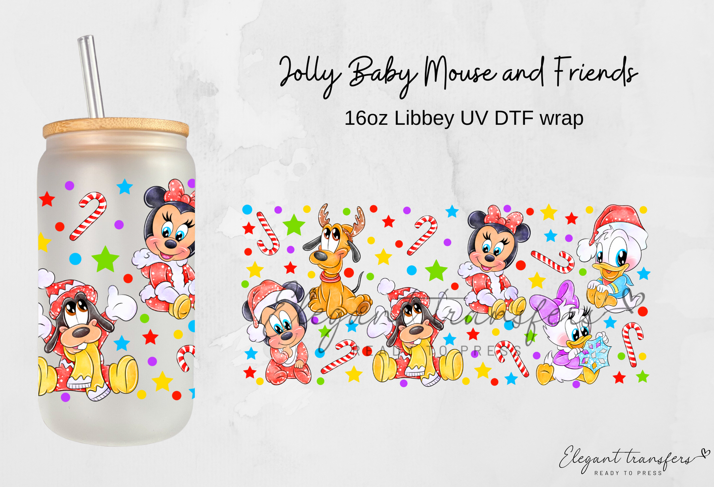 Jolly Baby Mouse & Friends Wrap [UV DTF - 16oz Libbey Glass Can] | Ready to Apply | Physical Item