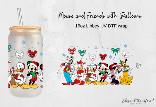 Mouse and Friends with Balloons Wrap [UV DTF - 16oz Libbey Glass Can] | Ready to Apply | Physical Item