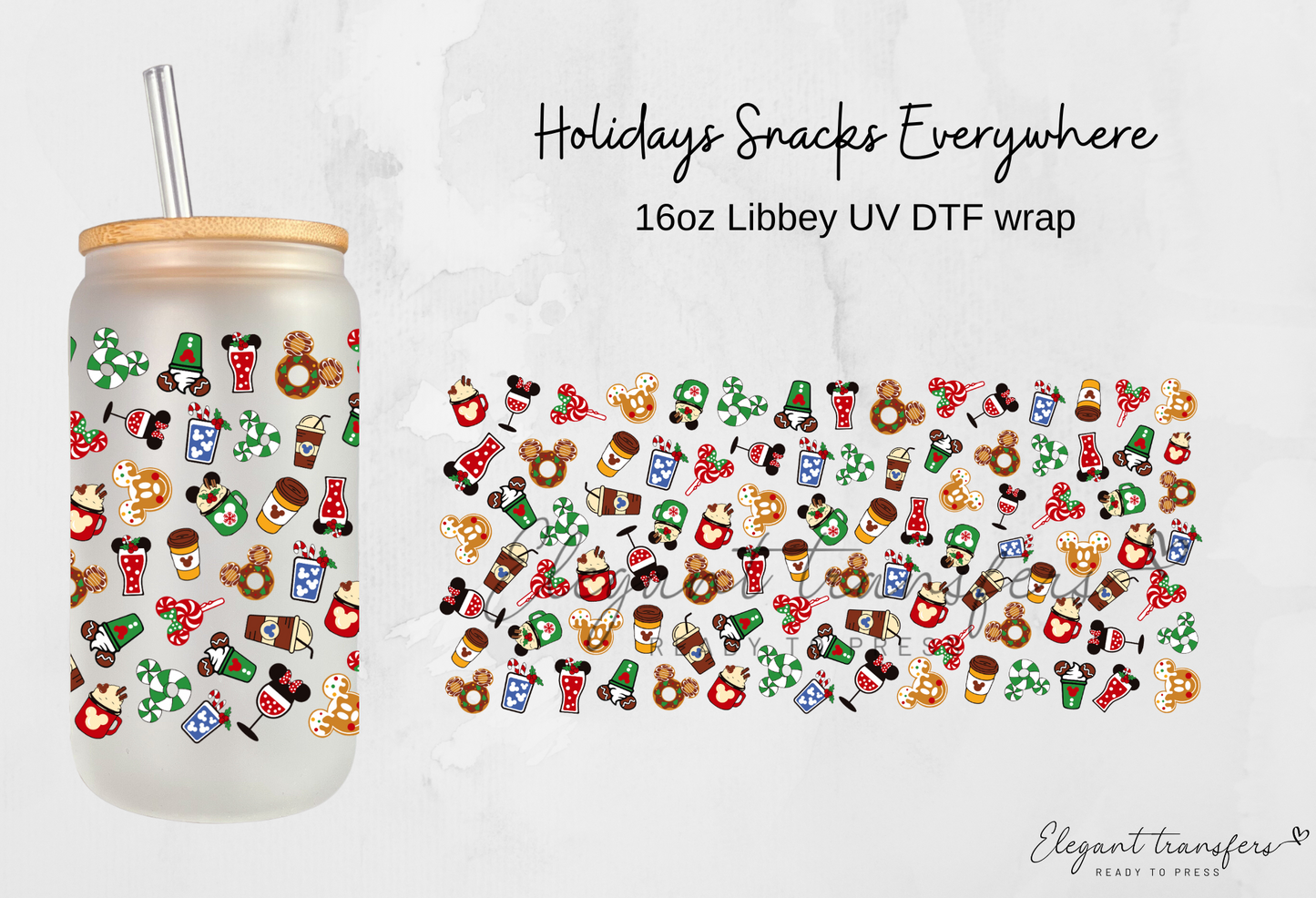 Holidays Snacks Everywhere Wrap [UV DTF - 16oz Libbey Glass Can] | Ready to Apply | Physical Item