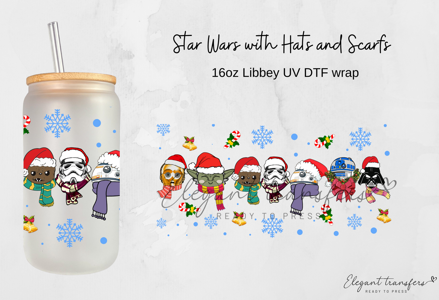 Star Wars with Hats and Scarfs Wrap [UV DTF - 16oz Libbey Glass Can] | Ready to Apply | Physical Item