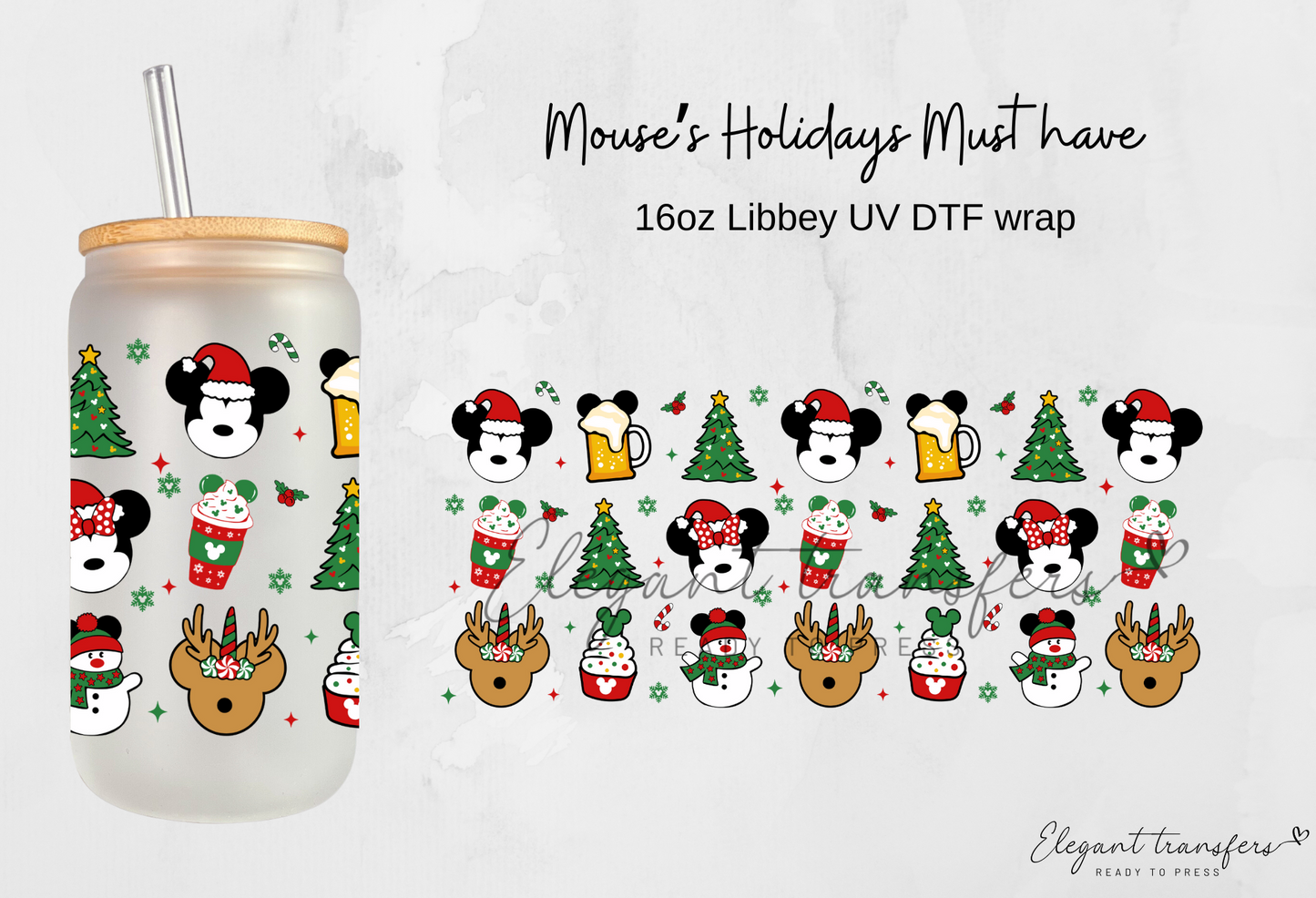 Mouse’s Holidays Must have Wrap [UV DTF - 16oz Libbey Glass Can] | Ready to Apply | Physical Item