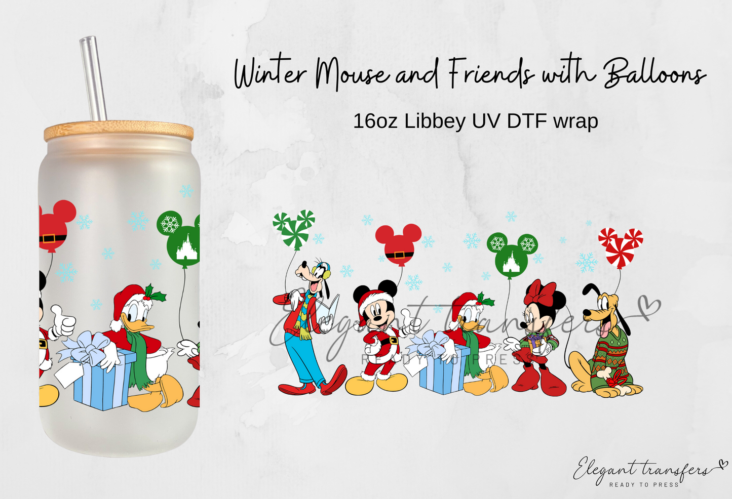 Winter Mouse & Friends with Balloons Wrap [UV DTF - 16oz Libbey Glass Can] | Ready to Apply | Physical Item