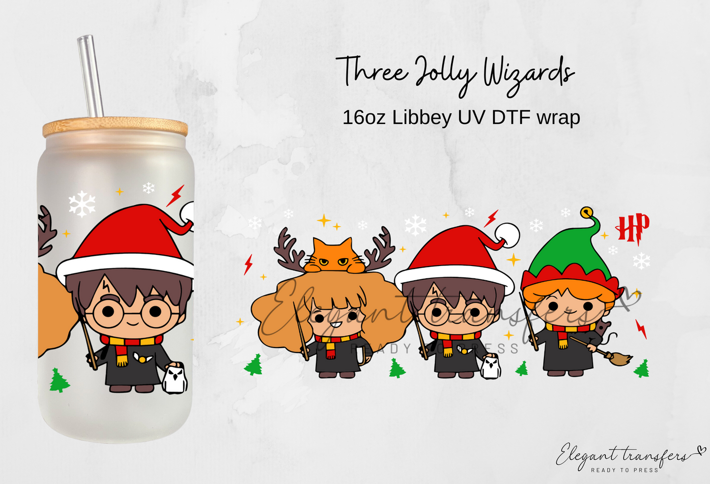 Three Jolly Wizards Wrap [UV DTF - 16oz Libbey Glass Can] | Ready to Apply | Physical Item