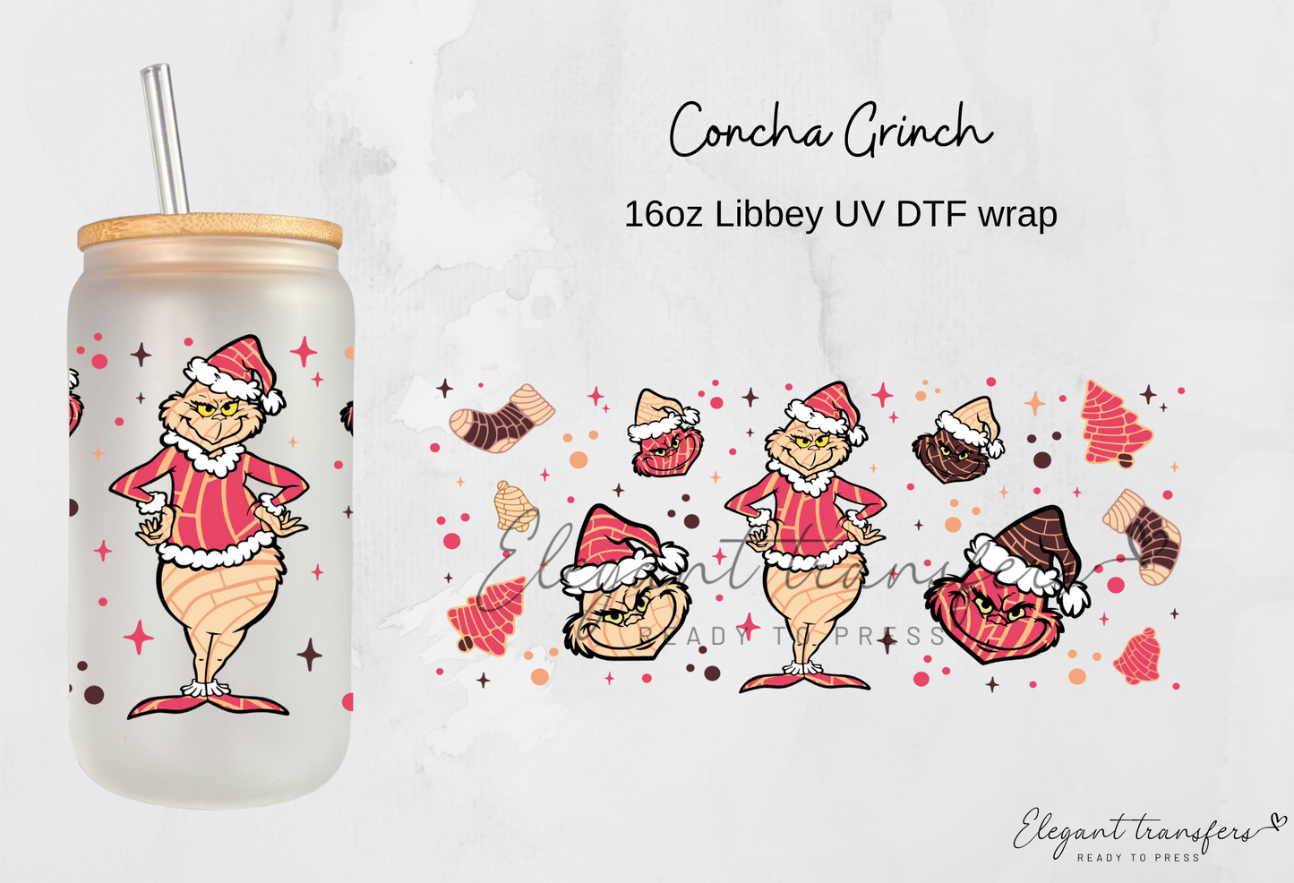 Concha Grinch Wrap [UV DTF - 16oz Libbey Glass Can] | Ready to Apply | Physical Product