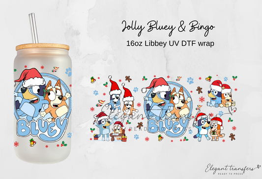 Jolly Bluey & Bingo Wrap [UV DTF - 16oz Libbey Glass Can] | Ready to Apply | Physical Item