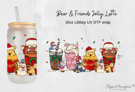 Bear & Friends Jolly Latte Wrap [UV DTF - 16oz Libbey Glass Can] | Ready to Apply | Physical Item