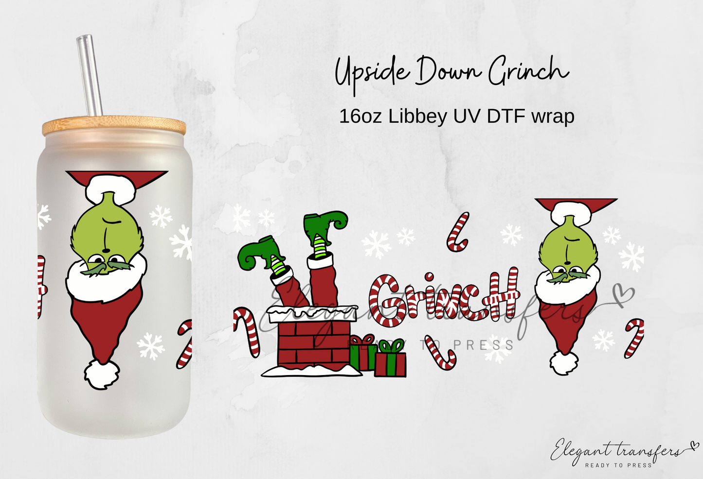 Upside Down Grinch Wrap [UV DTF - 16oz Libbey Glass Can] | Ready to Apply | Physical Product