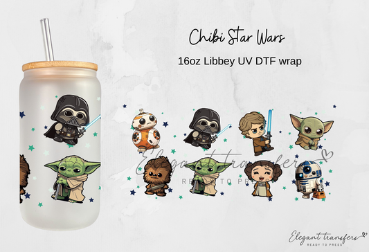 Chibi Star Wars Wrap [EXCLUSIVE UV DTF - 16oz Libbey Glass Can] | Ready to Apply | Physical Product