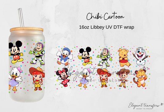 Chibi Cartoon Wrap [EXCLUSIVE UV DTF - 16oz Libbey Glass Can] | Ready to Apply | Physical Product