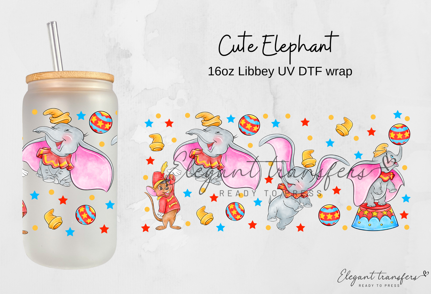 Cute Elephant Wrap [UV DTF - 16oz Glass Can] | Ready to Apply | Physical Product |