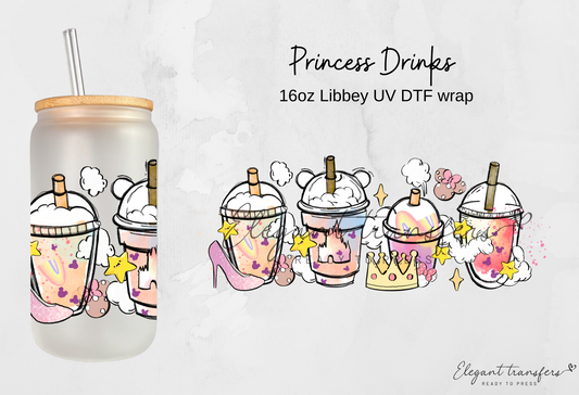 Princess Drinks Wrap [UV DTF - 16oz Glass Can] | Ready to Apply | Physical Product |