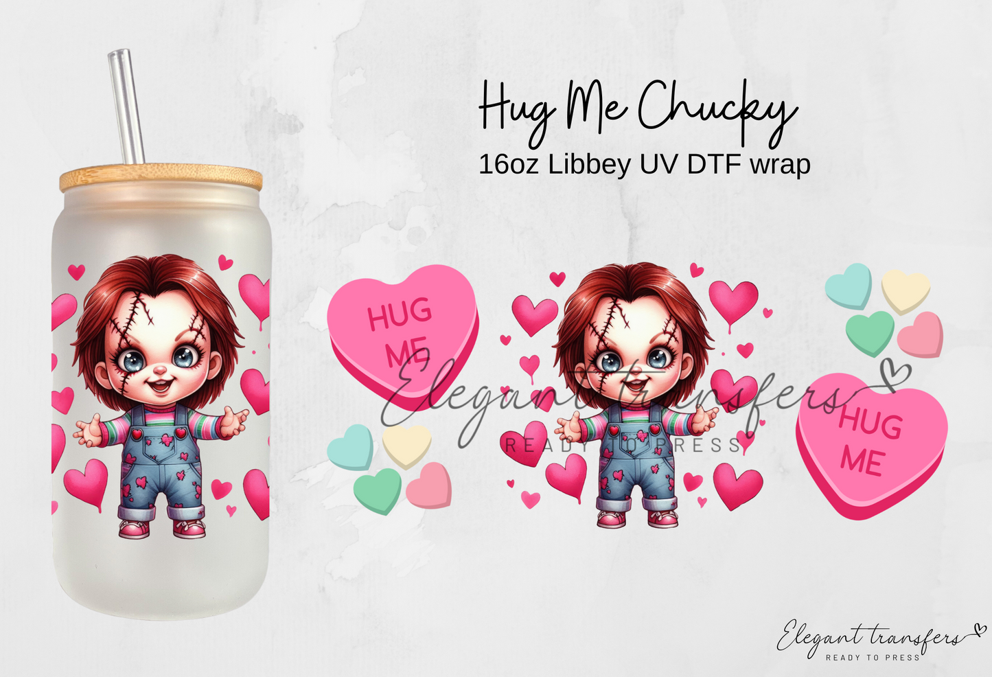 Hug Me Chucky Wrap [UV DTF - 16oz Glass Can] | Ready to Apply | Physical Product |
