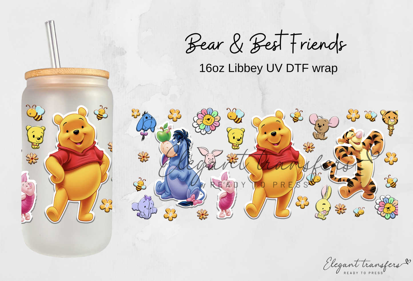 Bear & Best Friends Wrap [UV DTF - 16oz Glass Can] | Ready to Apply | Physical Product |