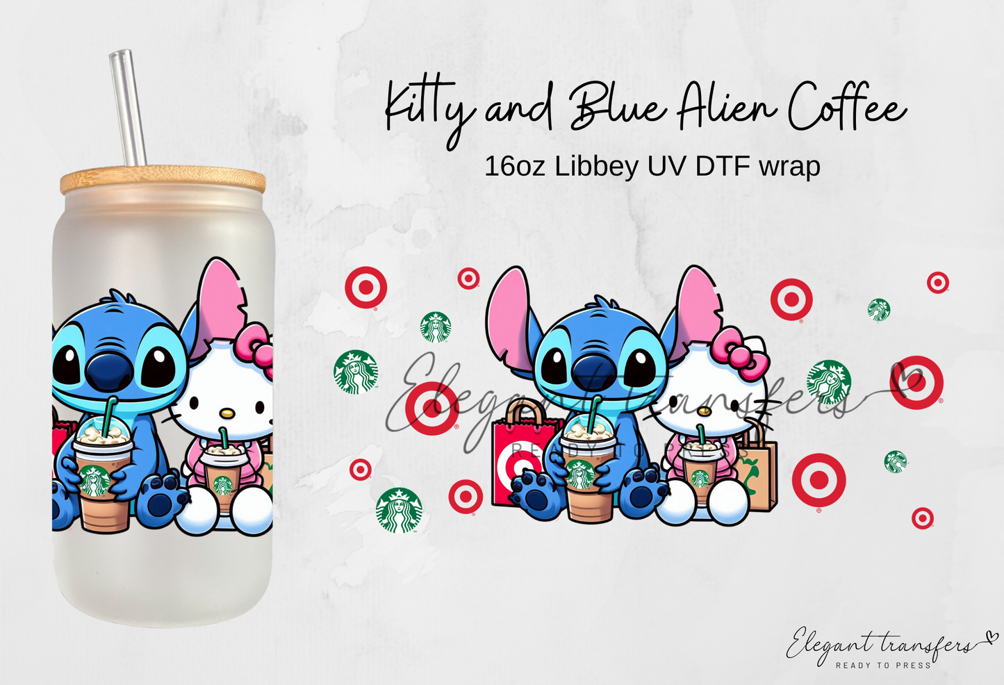 Kitty and Blue Alien Coffee Wrap [UV DTF - 16oz Glass Can] | Ready to Apply | Physical Product |