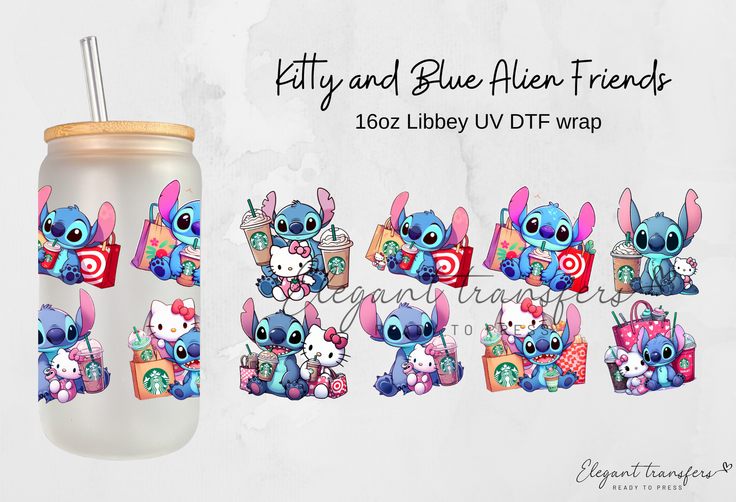 Kitty and Blue Alien Friends Wrap [UV DTF - 16oz Glass Can] | Ready to Apply | Physical Product |