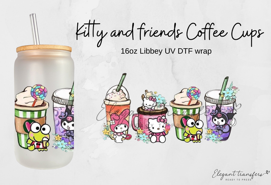 Kitty & Friends Coffee Cups [UV DTF - 16oz Libbey Glass Can] | Ready to Apply | Physical Product