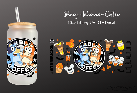 Bluey Halloween Coffee Wrap [UV DTF - 16oz Libbey Glass Can] | Ready to Apply | Physical Product | Transfer