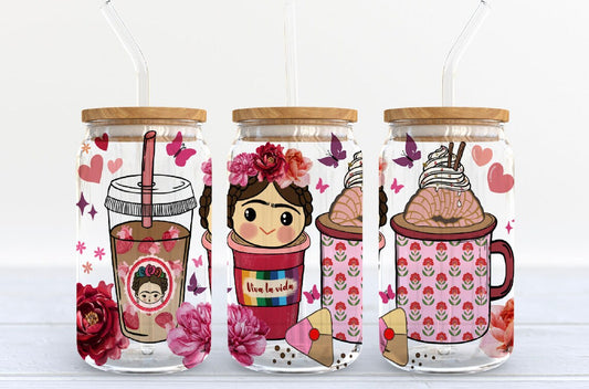 Frida Latte Wrap [UV DTF - 16oz Libbey Glass Can] | Ready to Apply | Physical Product | Transfer