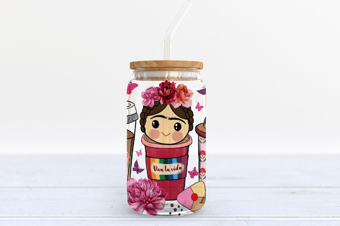 Frida Latte Wrap [UV DTF - 16oz Libbey Glass Can] | Ready to Apply | Physical Product | Transfer